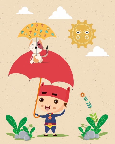 Infancia Fondo chico paraguas Kitty iconos sol estilizado