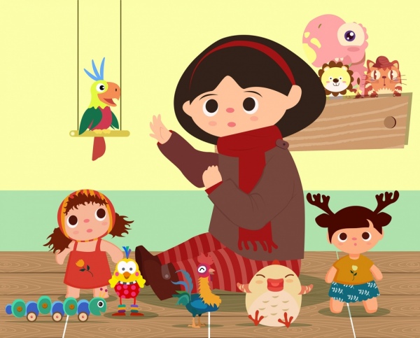 Kindheit Hintergrund kleine Mädchen Puppe Spielzeug Icons