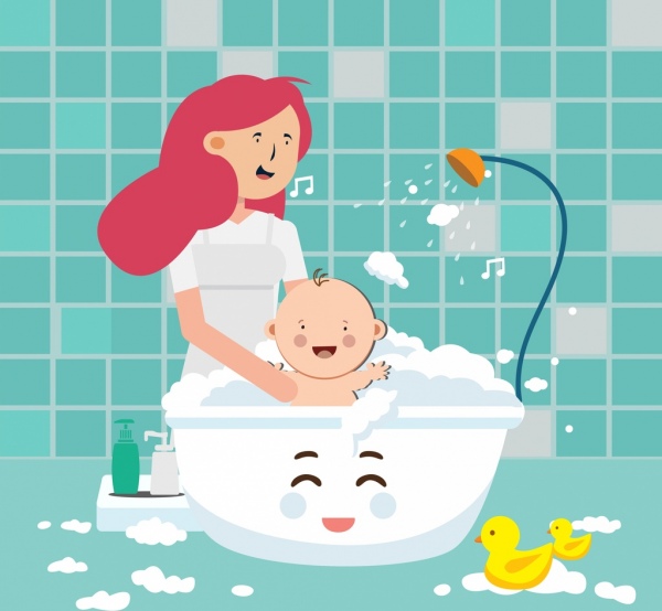 masa kanak-kanak latar belakang ibu anak mandi ikon kartun karakter