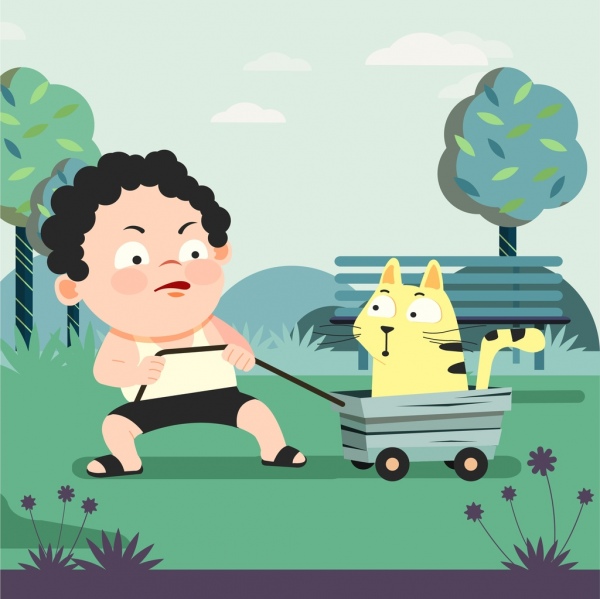 personajes de dibujos animados de iconos del animal doméstico de infancia fondo muchacho juguetón