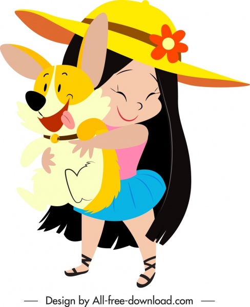 fundo da infância brincalhão menina filhote de cachorro ícones esboço dos desenhos animados