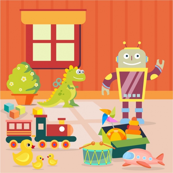 iconos de juguetes de infancia con fondo coloreada diseño de la historieta