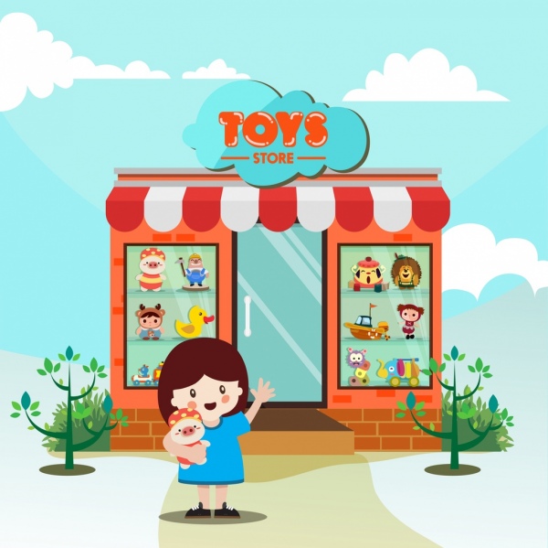 Toko mainan latar belakang masa kanak-kanak gadis ikon kartun desain