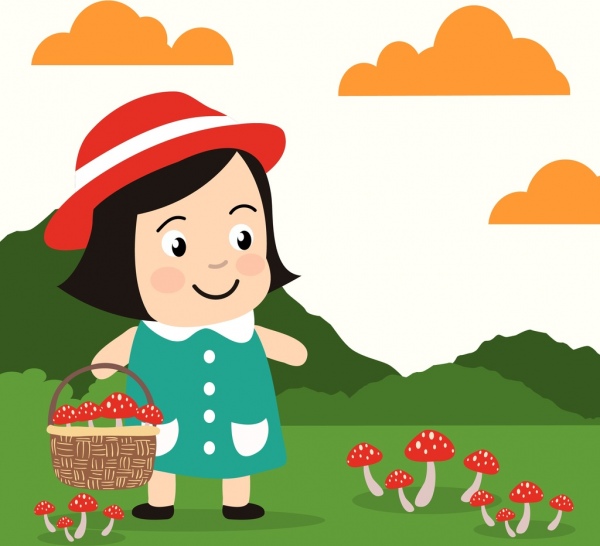 兒童卡通背景的可愛女孩圖標蘑菇採集