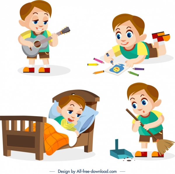 Детство дизайн элементы повседневной деятельности мальчик иконки дизайн