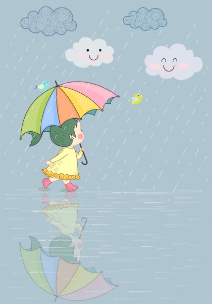 子供のころ雨の日のかわいい女の子を描く様式デザイン