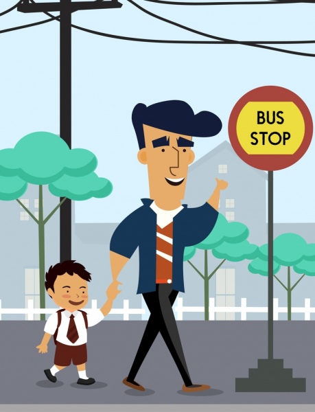 Childhood Drawing Father Son Bus Station Colored Cartoon-vector Cartoon-free  Vector Free Download