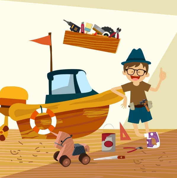 Icone di infanzia disegno ragazzo felice nave di legno del giocattolo