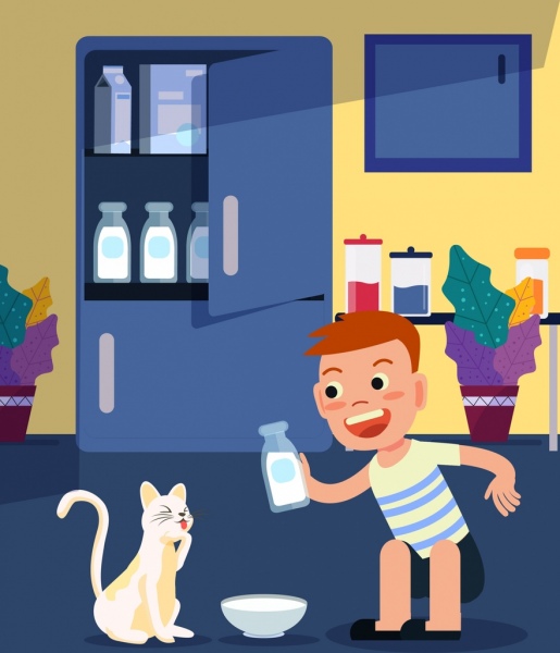 enfance dessin d’icônes de lait chat petit garçon