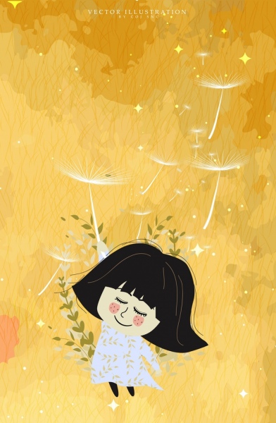 黄色背景を描く子供の頃小さなタンポポの女の子アイコン