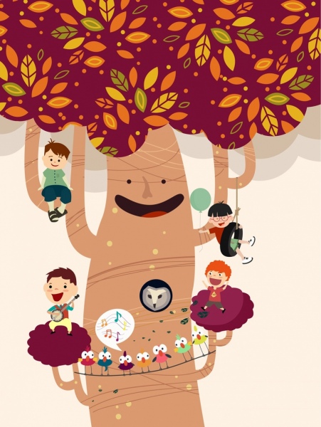 sogno d'infanzia sfondo stilizzato albero bambini icone decorazione