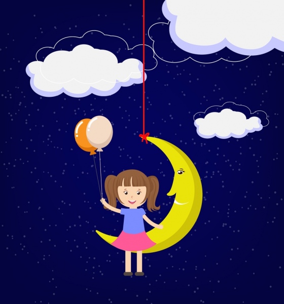 rêve d'enfance thème stylisé de lune et fille de conception