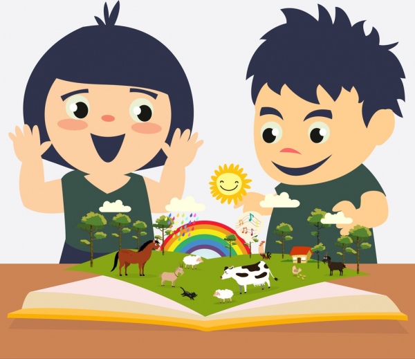 Kindheit Bildung Hintergrund Kinder offenes Buch farbige cartoon