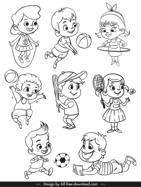 actividades de iconos de la infancia esbozan dibujos animados dibujados a mano en blanco negro