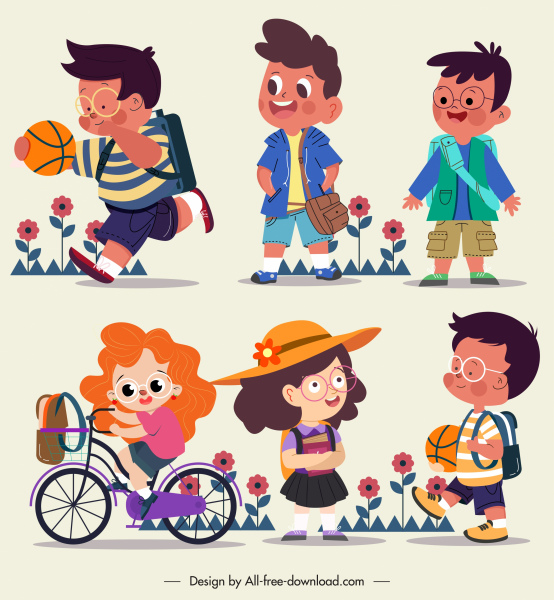 ícones de infância bonito meninos meninas esboço personagens de desenhos animados