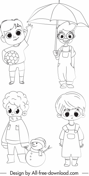 ikony z dzieciństwa słodkie chłopcy szkic ręcznie rysowane kreskówki