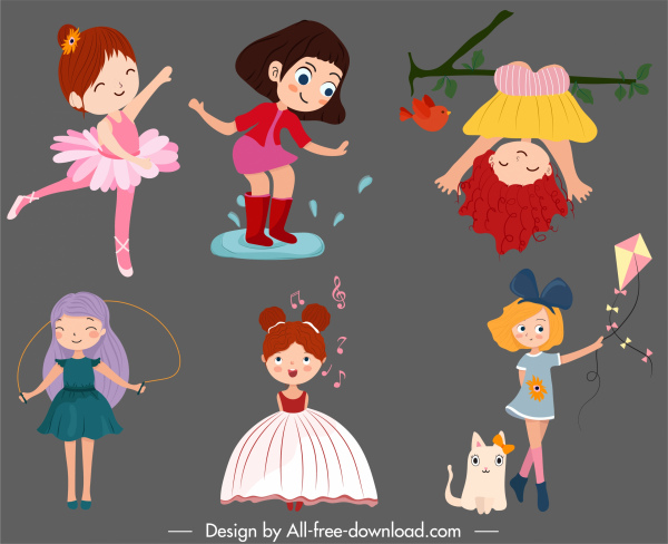ícones da infância bonito meninas esboço cartoon design