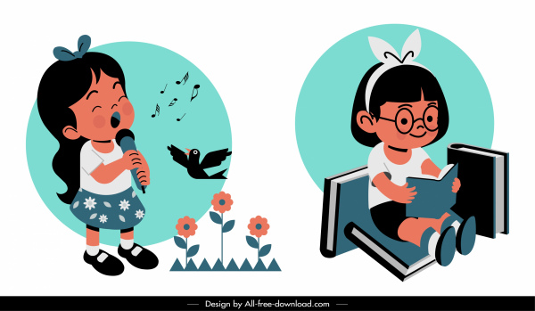 icônes d’enfance filles mignonnes esquissent des activités de lecture de chant