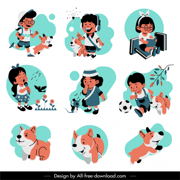 icone dell'infanzia simpatici bambini cuccioli schizzo disegno cartone animato