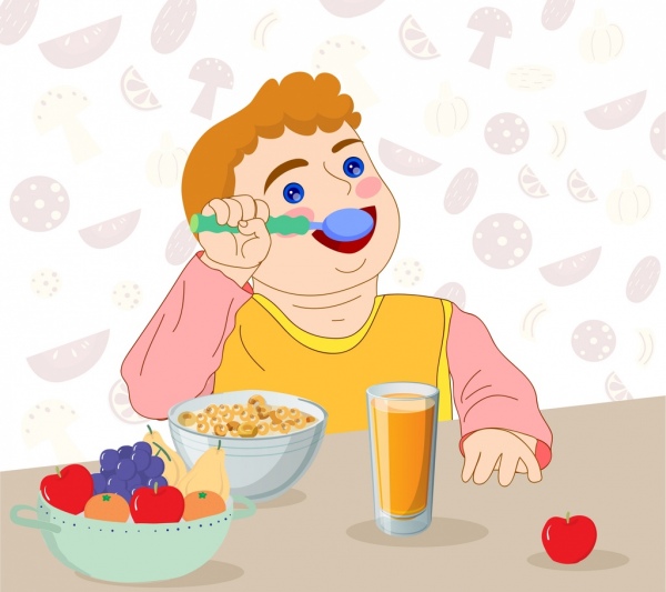 muchacho de pintura infantil comer diseño de dibujos animados icono de desayuno