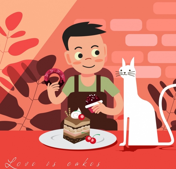 Enfance peinture garçon mangeant gâteau icône personnage de dessin animé