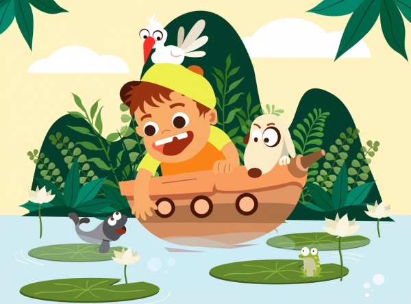 diseño de dibujos animados infantil pintura niño barco pescado los iconos