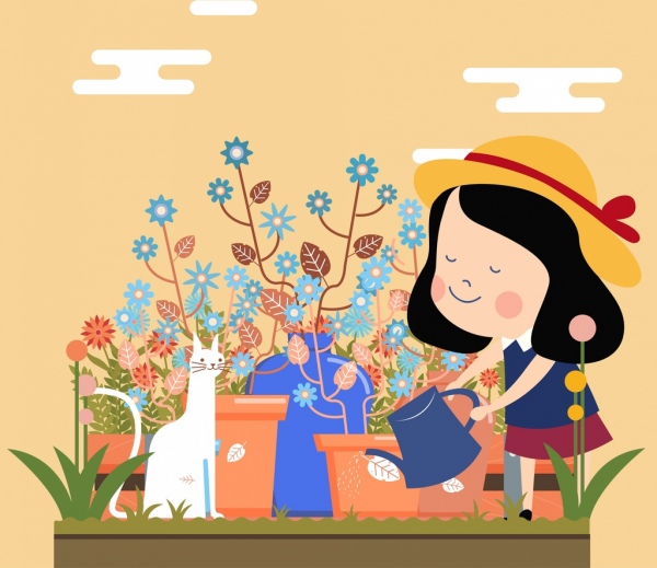 diseño de dibujos animados de gato de infancia pintura chica trabajo en el jardín