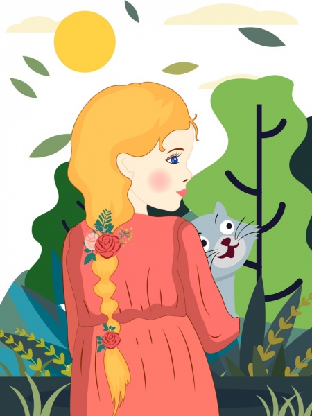 ikon hewan peliharaan kecil lukisan gadis dekorasi warna-warni handdrawn