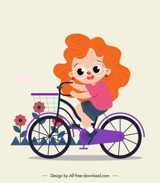 童年繪畫女孩騎自行車素描卡通人物