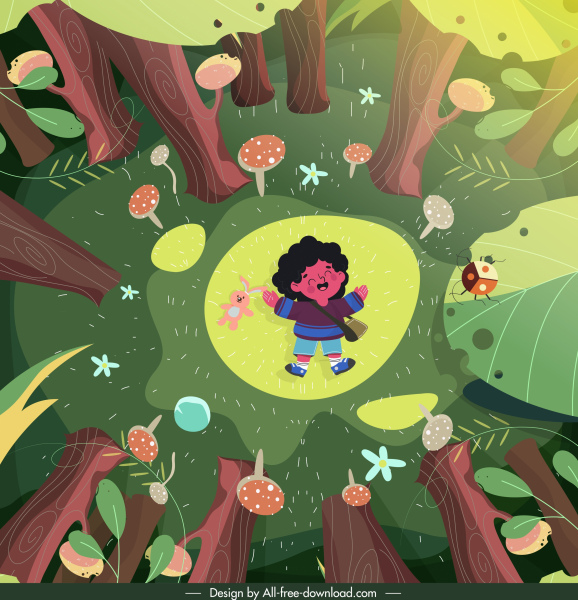 童年繪畫快樂孩子叢林場景卡通設計