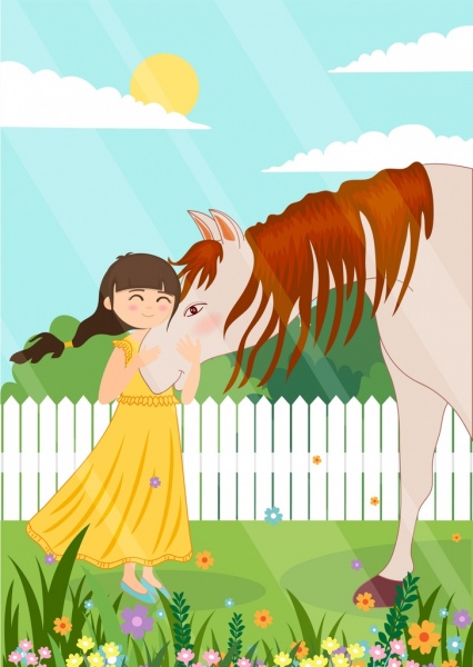 masa kanak-kanak lukisan gadis kecil kuda ikon kartun desain