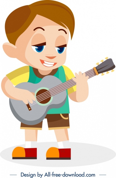 masa kanak-kanak lukisan anak laki-laki yang main-main gitar ikon kartun karakter