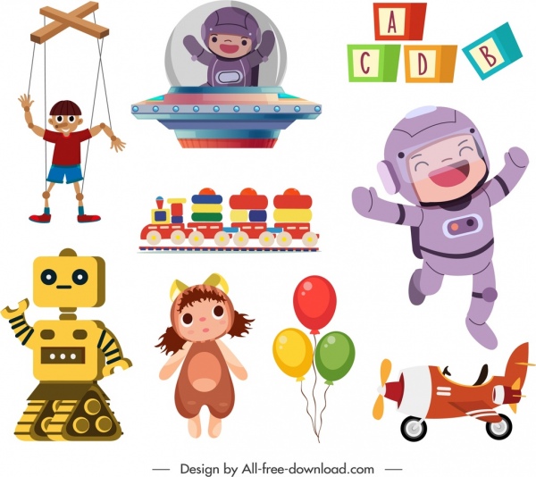 ikon mainan masa kecil lucu berwarna-warni sketsa