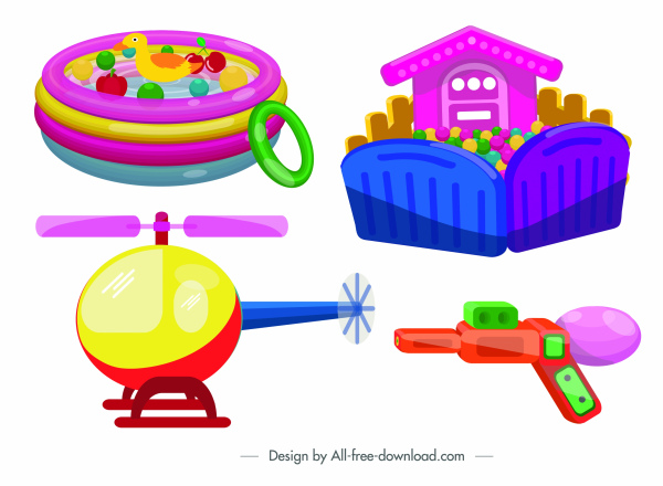 ícones de brinquedos infantis piscina esboço de pistola de plástico de helicóptero