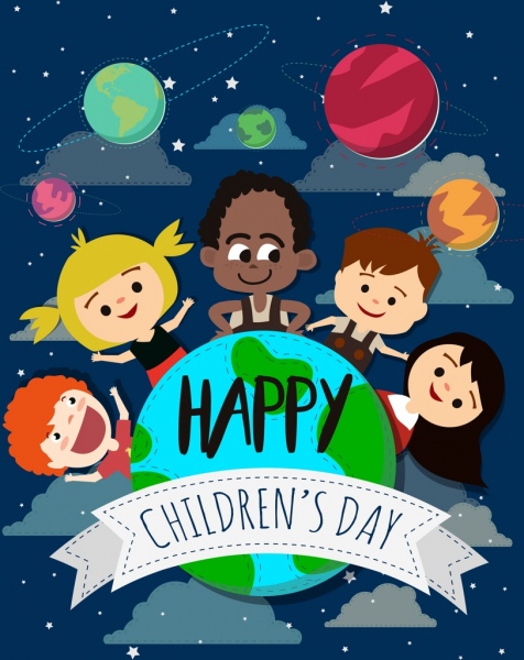儿童日横幅儿童行星图标装饰