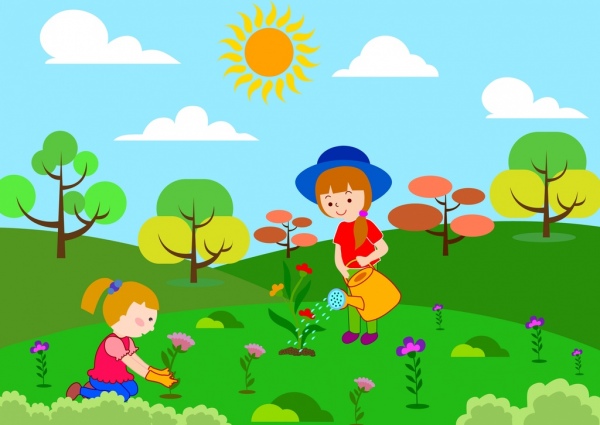 crianças plantando flores tema dos desenhos animados coloridos esboço