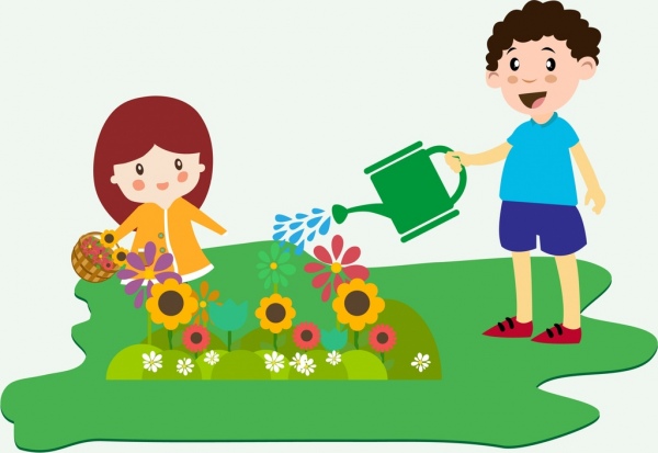 Los niños plantando flores tema colorido estilo de diseño
