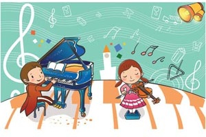 ベクターの子供イラストを飛んでヴァイオリン音楽のアルファベットで遊んでいる子供たち