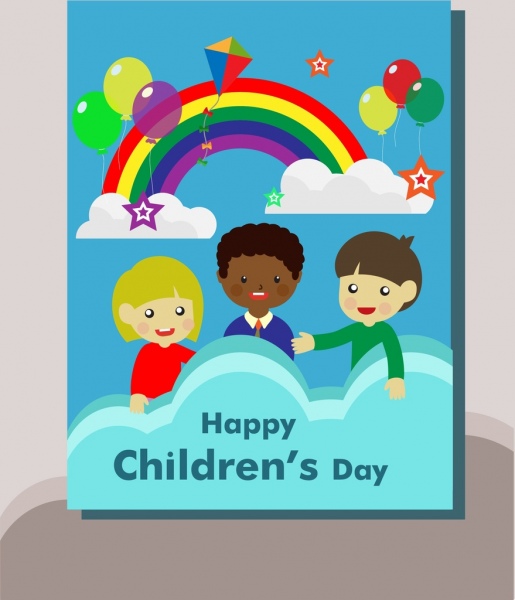 Childrens Day poster arco iris de colores de globos y niños