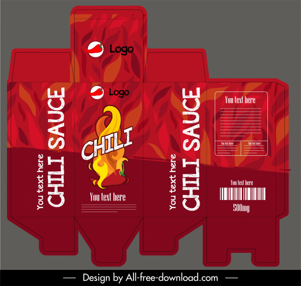 Chili-Sauce-Flasche-Paket-Vorlage rot heißes Feuer