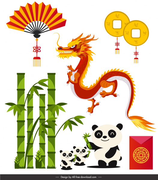 elementos de diseño de porcelana símbolos orientales de colores brillantes