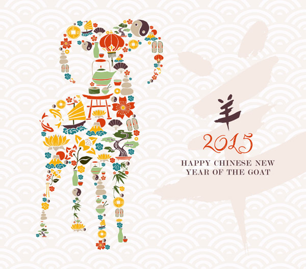 Çin yeni yılı öğeleri ve keçi arka plan vektör