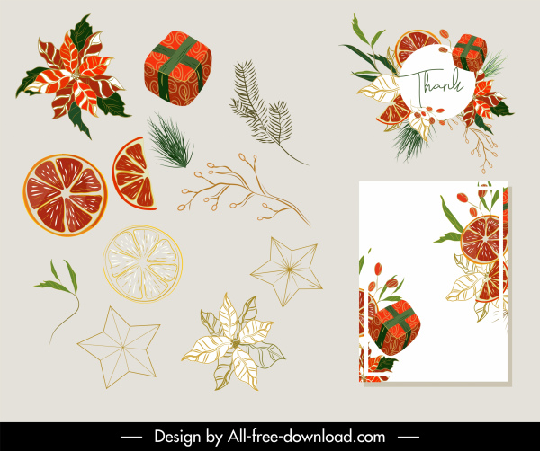 chirstmas elementos de decoração cartão elegante presentes plantas clássicas