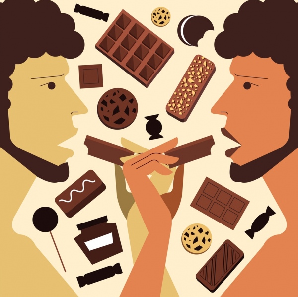 الحلوى الشوكولاته الإعلان يأكل الناس أيقونات تصميم متماثل