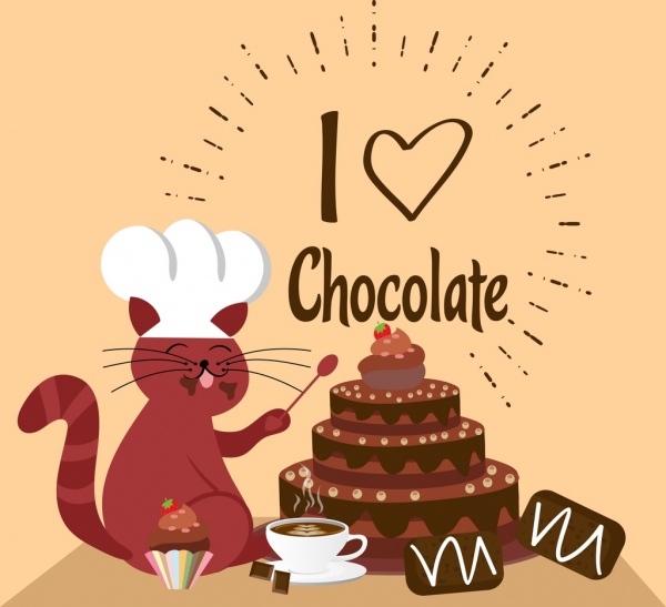 초콜릿 배경 귀여운 고양이 크림 케이크 아이콘 장식