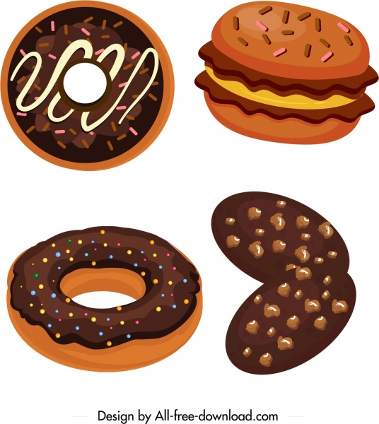 Schokoladenkuchen Icons farbig klassisches Design