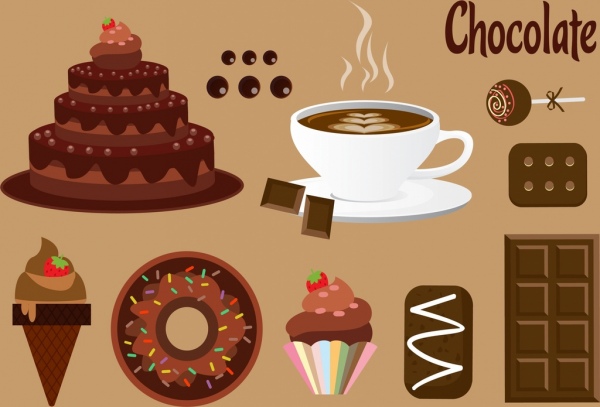 Schokolade design-Elemente verschiedenen köstlichen Speisen Symbole