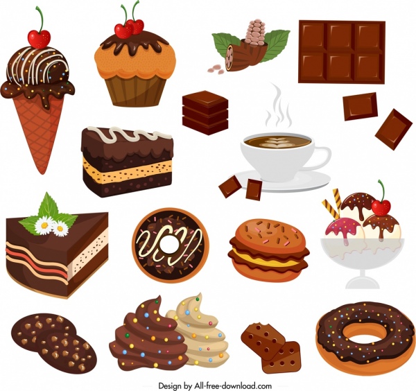 produits de chocolat éléments de conception gâteaux crème café icônes