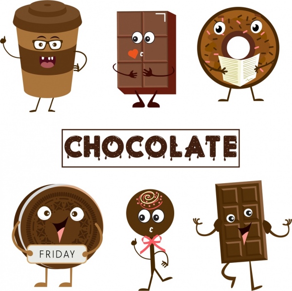 conception stylisée mignonne de produits chocolatés icônes