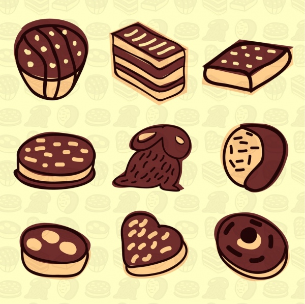 ícones de produtos de chocolate marrom vários mão desenhada tipos